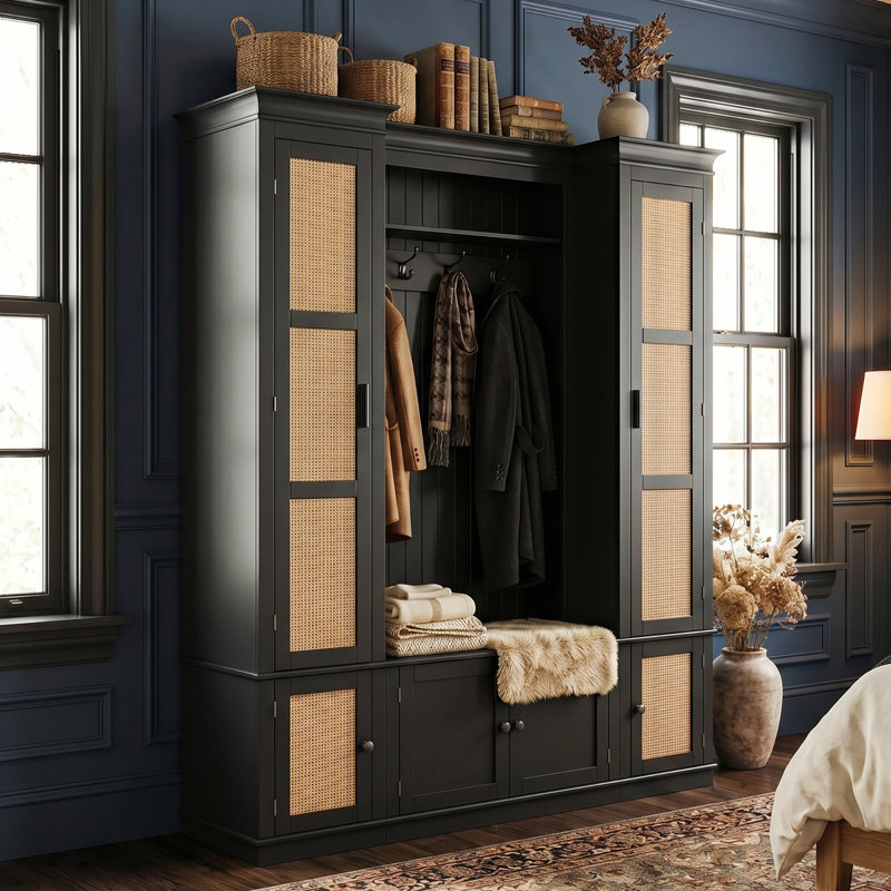 Garde-robe avec crochets en métal, banc et portes en rotin