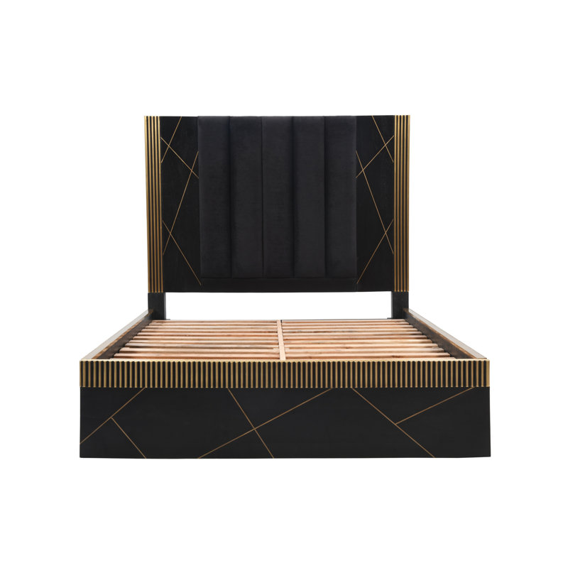 Grand lit noir en bois de manguier et accessoires en métal élégants avec cadre