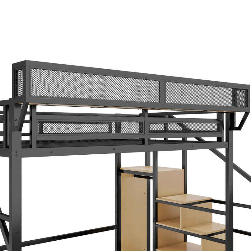 Lit mezzanine en métal pour grand lit avec escalier, tablettes de rangement et escalier à gauche ou à droite, taille noire, lit, matériau, rangement pour chapeau intégré,