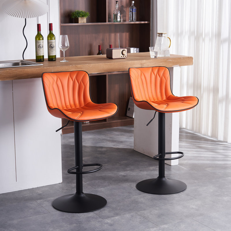 Swivel Adjustable Height Bar Stools, Faux Leather Modern Bar Stools, Upholstered Counter Stool, Orange