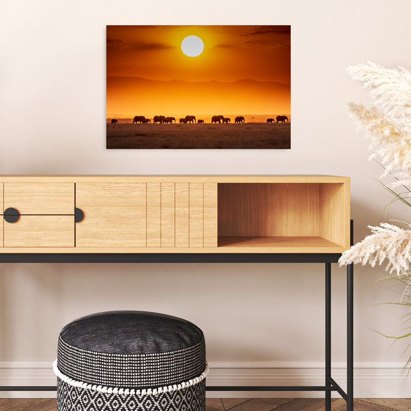 African Sunset Elephants Peaceful Tranquil Abstract Elephant Landscape Mountain Wall Art Print by Jeffrey C. Sink - 1 Piece Wrapped Canvas Wall Art