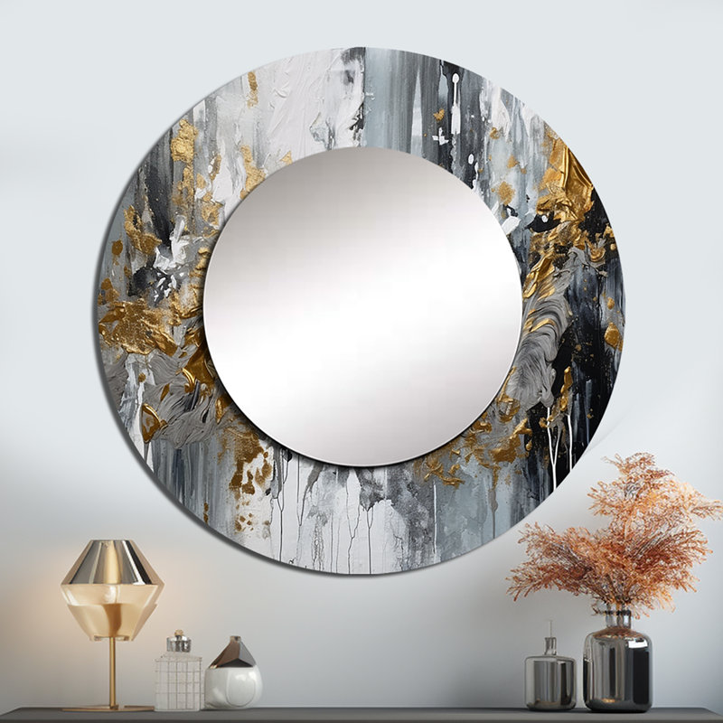 Pannie Black And White Delicate Brushstrokes I - Marble Wall Mirror, Gray Round Decorative Mirror, Printed Metal Art