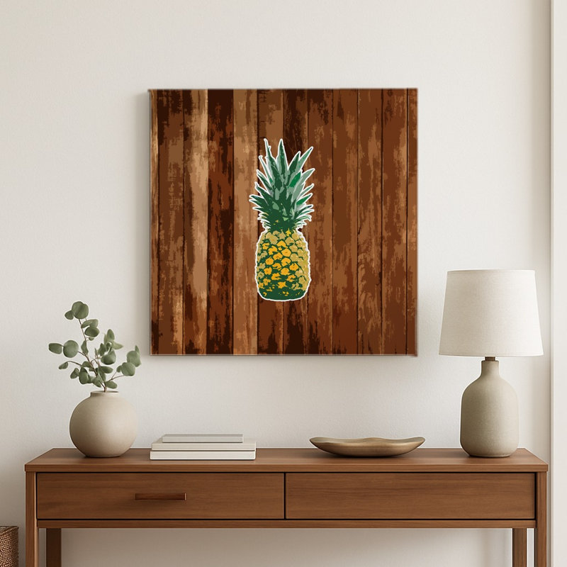 Ananas sur bois — Décoration murale carrée en métal, 16" H x 16" W