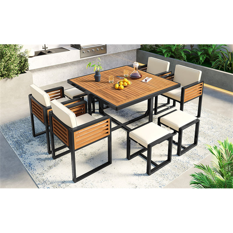 Ensemble repas de patio en bois d'acacia 9 pièces GO, 9 pièces: table, 4 chaises, 4 repose-pieds, Beige