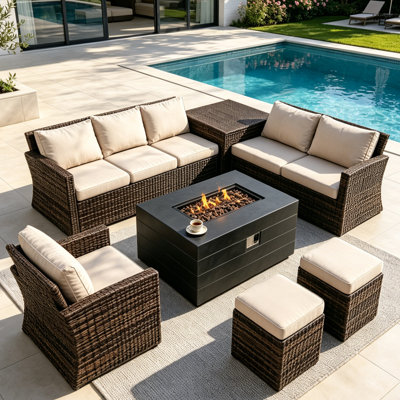8-Person Premium All-Weather PE Wicker Patio Conversation Set - 50,000 BTU Fire Pit Table