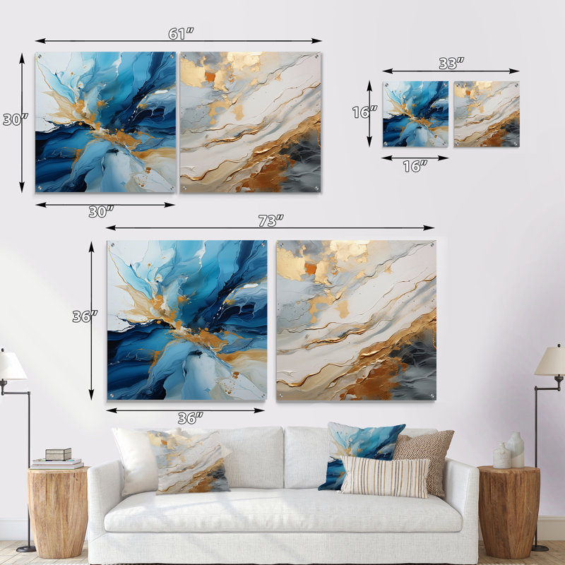Blue And White Glacier Charm II - Abstract Shapes Acrylic Wall Art Glass Set Of 2, 16" H x 33" W