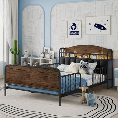 Full Size Metal Platform Bed Frame With Light, Kids Full Metal Bed With Upholstered And Storage Headboard, Black
