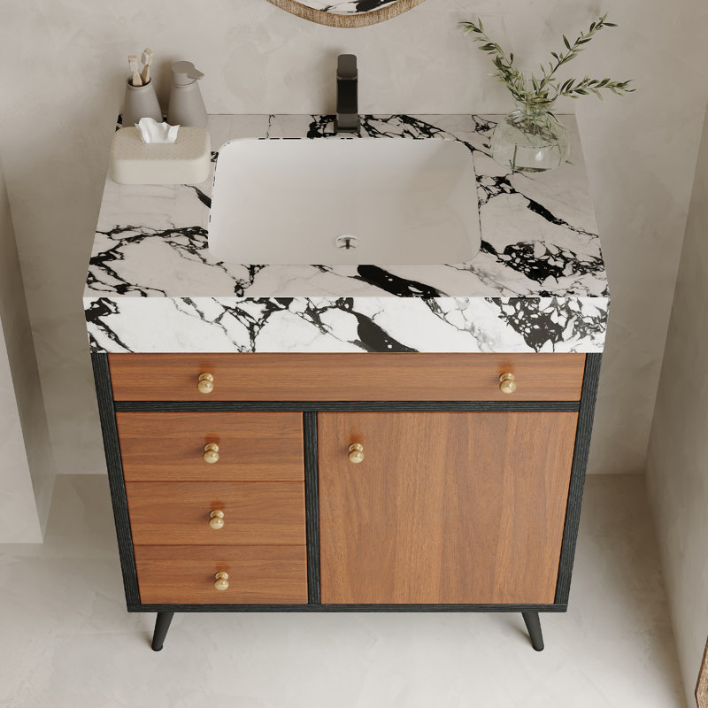Meuble-lavabo autoportant de 30 po avec lavabo en céramique, 3 tiroirs et 1 armoire de rangement avec poignées dorées