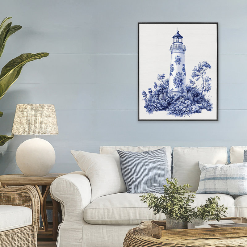 Toile à motif phare à jet d'encre encadré, design par lettré et doublé, Giclée encadrée noir minuit, H 30 po x l 24 po