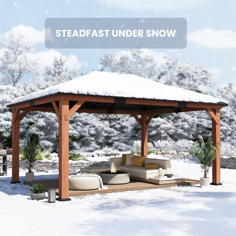 Hadley 12 Ft.X 16 Ft.Outdoor Patio Premium Cedar Wood Frame Gazebo With Mosquito Netting And Curtains, Galvanized Steel Hardtop Single Roof Pavilion