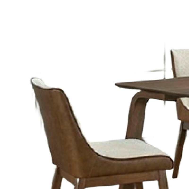 Ensemble de table de salle à manger 5 pièces Iken, 4 chaises en tissu crème, pieds fuselés, bois brun