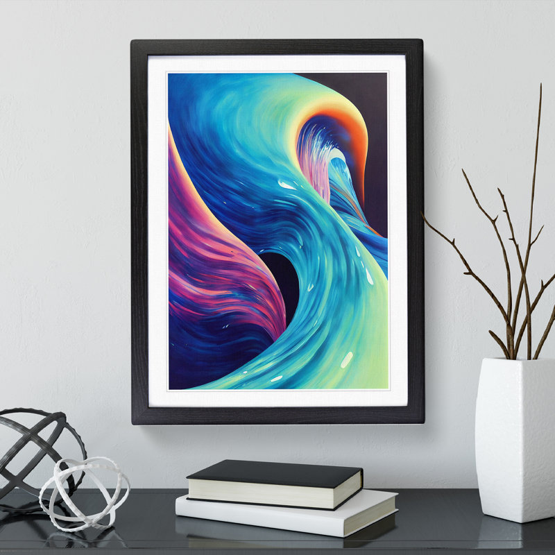 Neon Ocean Wave Abstract - Single Picture Frame Painting, Black Framed, 64cm H x 46cm W x 2cm D