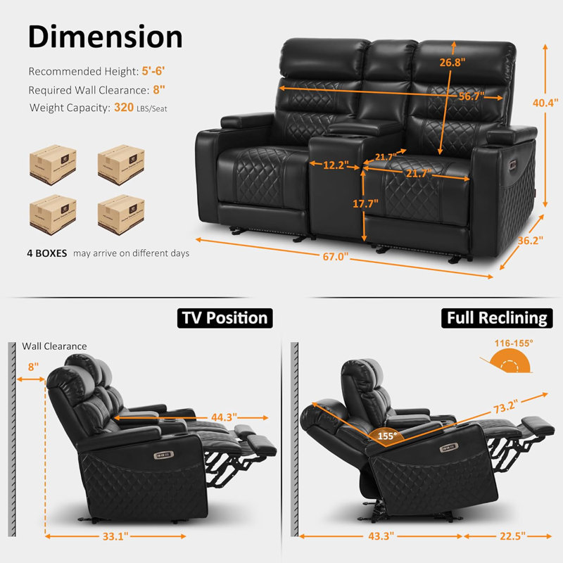 Power Reclining Loveseat Sofa with Adjustable Headrests and Console, Home Theater Seating, Black