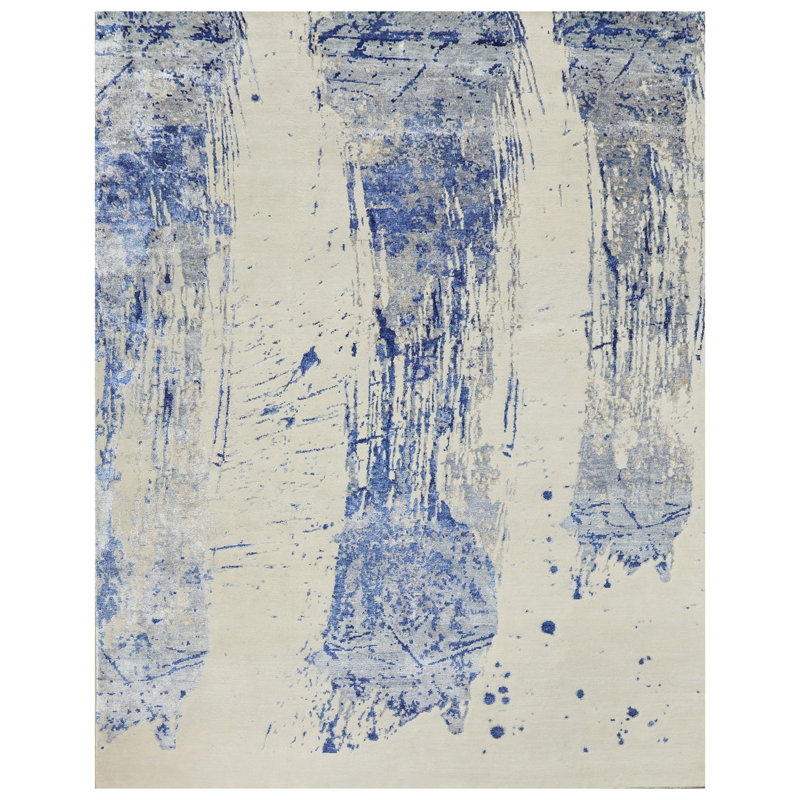 Tapis rectangulaire noué à la main ivoire / bleu, Rectangle 8 pi x 10 pi