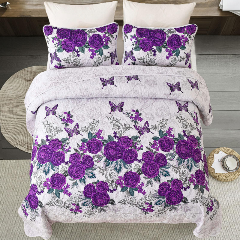 Ensemble de courtepointe 3 pièces Floral Botanical Lightpoint Rose, Mauve, Courtepointe très grand et 2 très grandes taies 