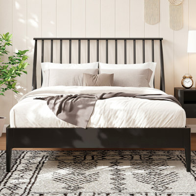 Solid Bamboo Wood Spindle Platform King Bed With 46.5" Tall Headboard, Bohemian Bed Frame With Wooden Slats And Metal Support, Mid-Century Modern Style,No Box Spring Needed