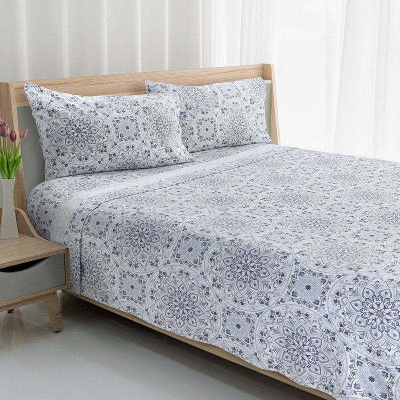 Blue Floral Cotton Flannel Full Sheet Set