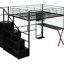 Lit mezzanine double en métal avec poste de travail intégré, garde-robe et escalier de rangement pour une retraite privée