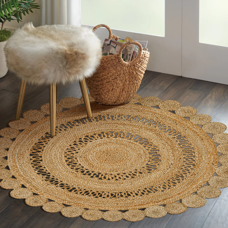 Tapis rond en jute naturel tissé à la main de 3 pi de style campagnard réversible, écologique