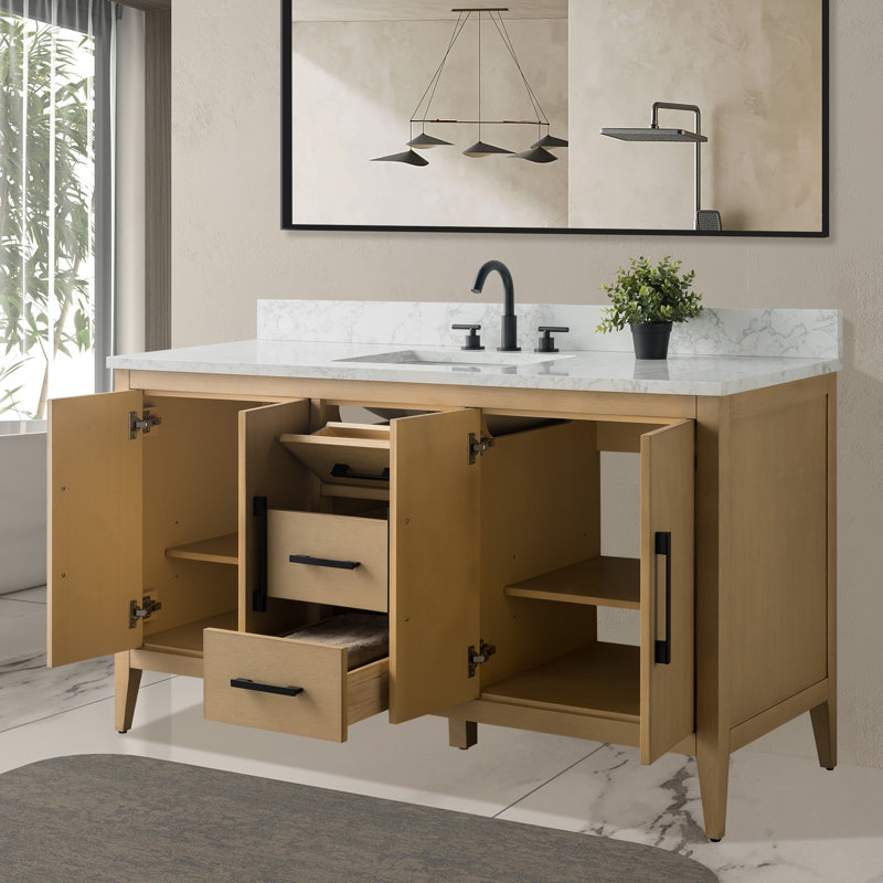 Chambery 60" Single Sink Bathroom Vanity with Engineered Marble Top, Matte Black, Natural Oak