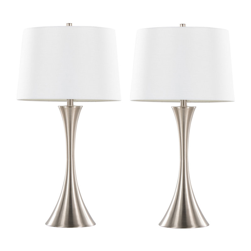 Lenuxe 29'' Contemporary Brushed Nickel Table Lamps Set of 2 - Modern Metal Desk Lamps with White Textured Linen Shade for Bedroom Living Room