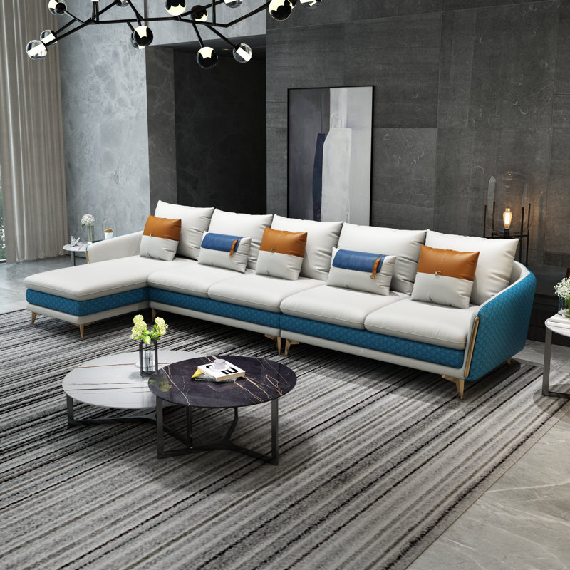 Ellaville Upholstered Sectional, Left Hand Facing, Off White/Blue Genuine Leather