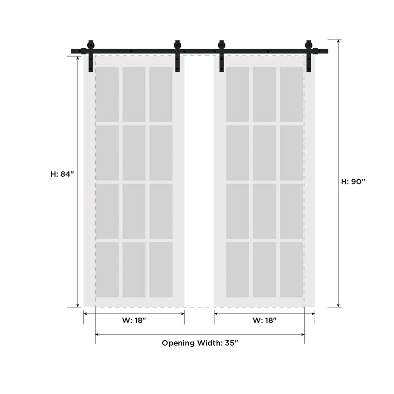 Ensemble de porte de grange double moderne 6933, rail de 13 pi, portes intérieures à panneaux pleins - 36 po x 84 po, Noir