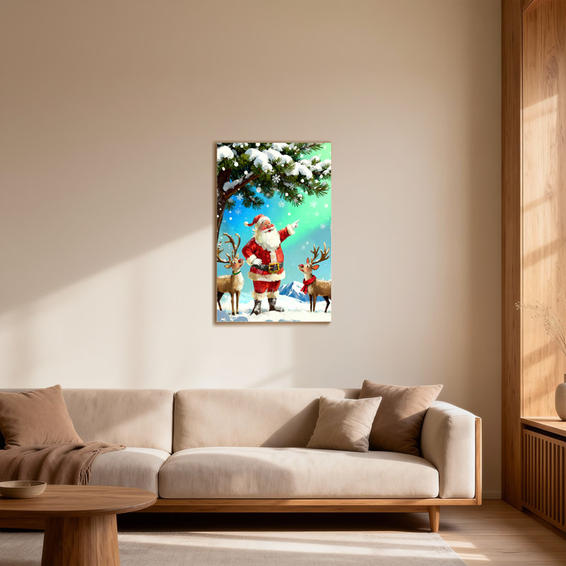 Noël père Noël avec renne dans la forêt enneigée, H 36 po x l 24 po