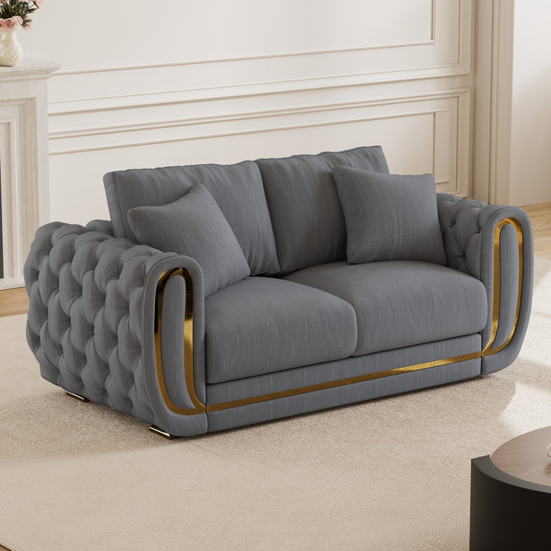 67'' Round Arm Glitter Velvet Sofa Couch with Gold Accent, Light Gray, 31.6" H x 67" W x 33" D
