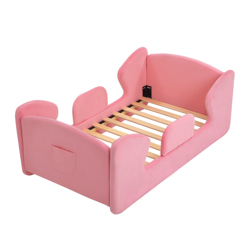 Structure de lit pour tout-petits avec rails de sécurité amovibles et sac de rangement, lit pour enfants pour fille et garçon, lits portatifs standard pour lit de bébé, lits d'enfant rembourrés de sécurité, conception à plancher bas