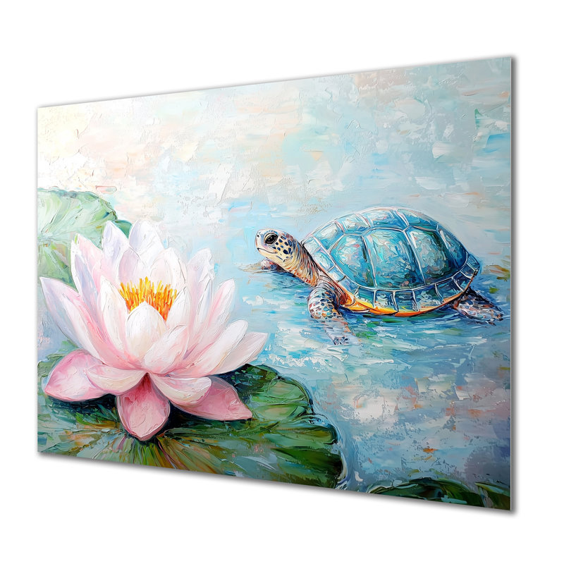 Tortue dans le nénuphar II - animaux, reproduction d'art murale en métal, H 12 po x l 20 po