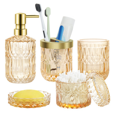5 pièces d'accessoires de salle de bain en verre, cadeau rétro, comprend distributeur de savon, porte-savon, porte-brosse à dents, gobelet et pot, organisateur de salle de bain, décoration de salle de bain moderne et élégante