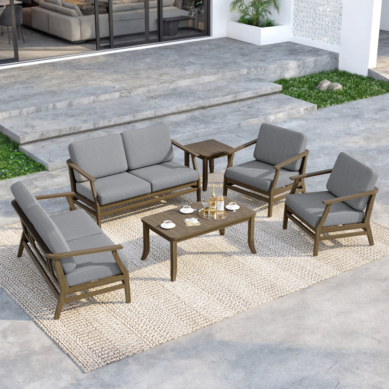 Polett Teak Outdoor Six-person Patio Set With Cushions And Two Tables, Brown, Gray