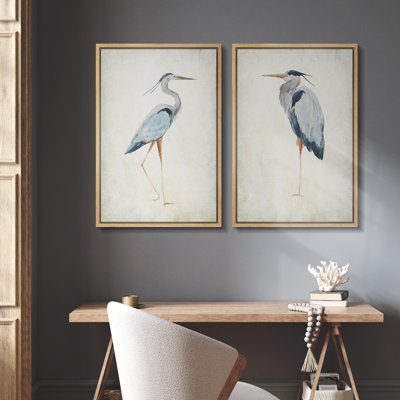 Blue Heron Bird Animal Portrait Coastal Beach Decor - Framed Canvas 2 Pieces Wall Paintings Print