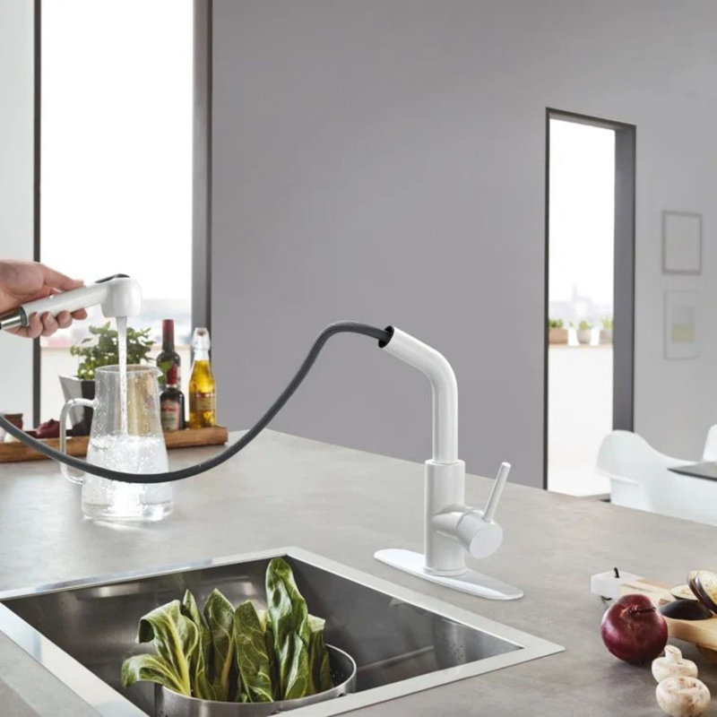 Robinet de cuisine rétractable à poignée simple avec accessoires, Blanc