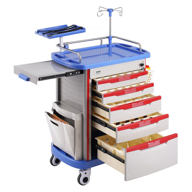 5 Tiers Lab Carts Mobile Medical Cart with 5 Drawers & 2 Trash Cans Blue, Trolley Storage Cart with PP Material