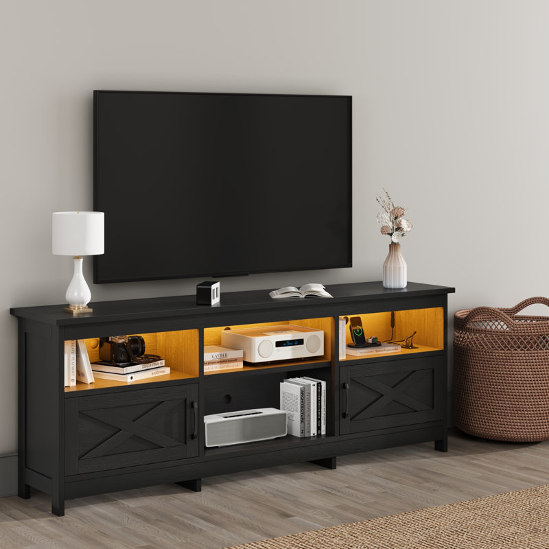 Ushna 59'' Media Console, TV Stand for TVs up to 65" with Lights, Black, 25.5" H x 70" W x 15.7" D