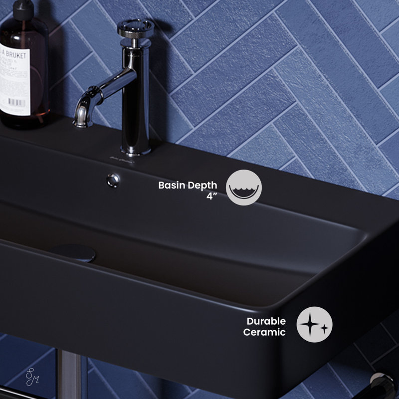 Claire Ceramic Console Sink Basin, Black/Chrome, 35" H x 16.31" W x 35.38" L