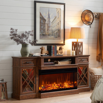  70" Farmhouse Electric Fireplace TV Stand for TVs Up to 80" with Glass Door Cabinets & Timer