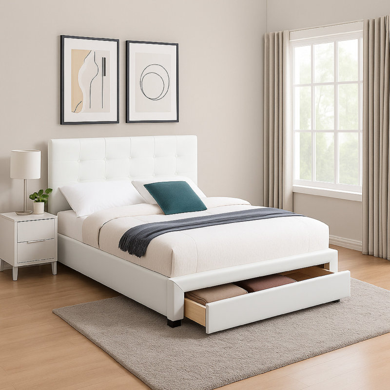 Lit plateforme tapissier Robertia, Grand, Blanc