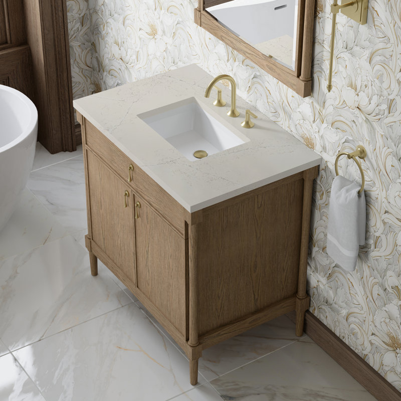 Kinnsden 36" W Single Vanity, Siberian Silestone, 8" Widespread, Weathered Oak