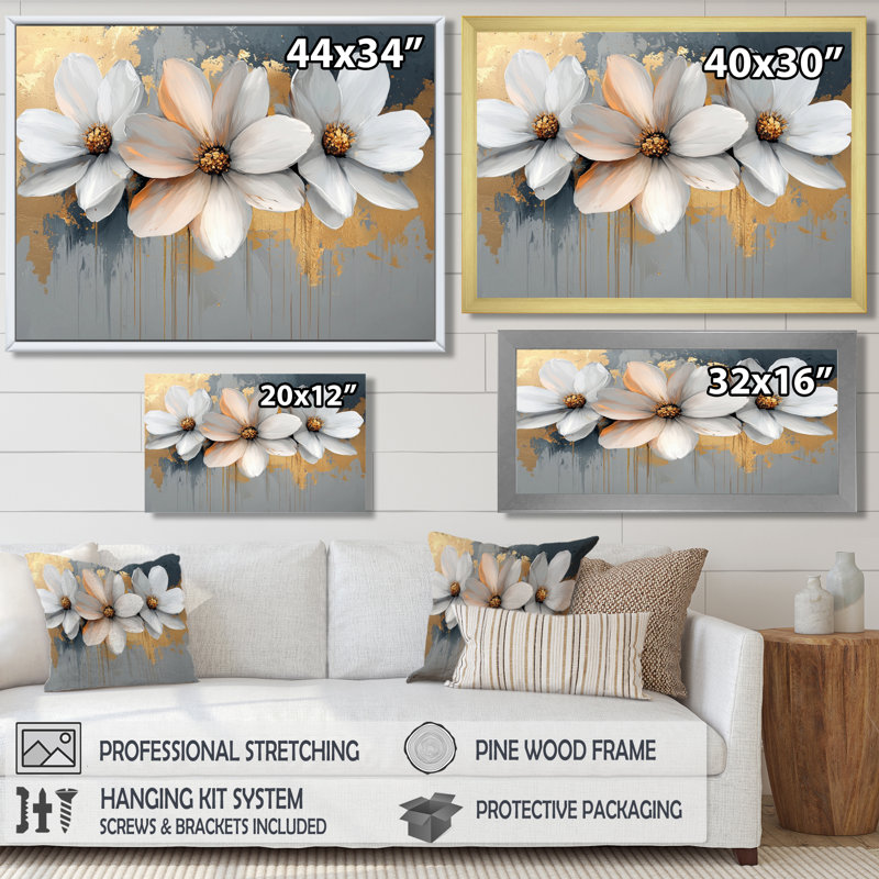 Golden Chrysanthemums Pure Form II - Chrysanthemums, art mural, H 28 po x l 60 po, Cadre flottant, Doré