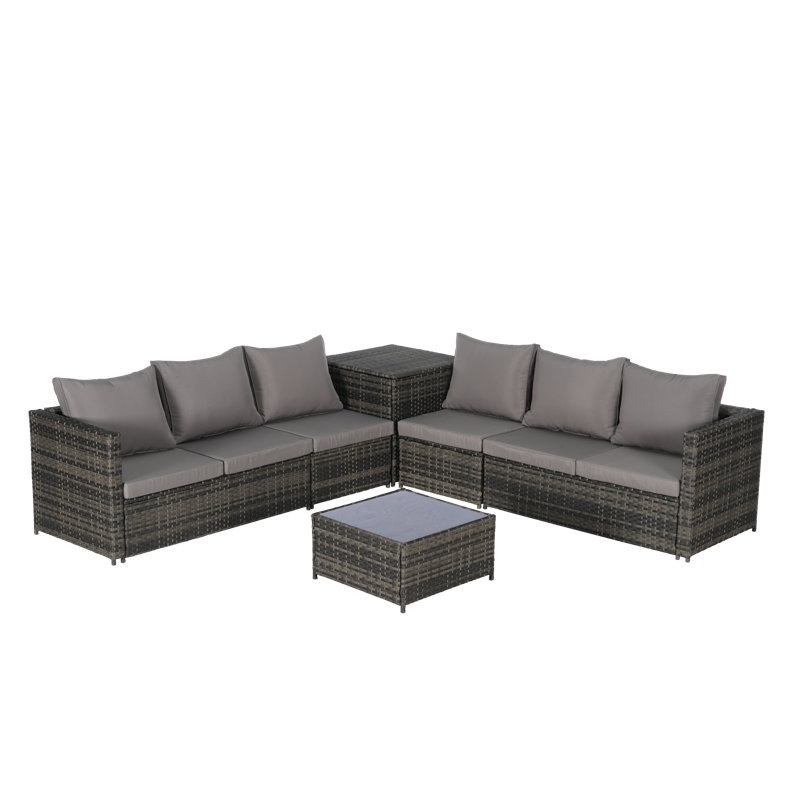 -piece Patio Furniture Set, Outdoor Wicker L-shaped Sectional With Corner Table And Glass Top Table For Poolside Or Backyard