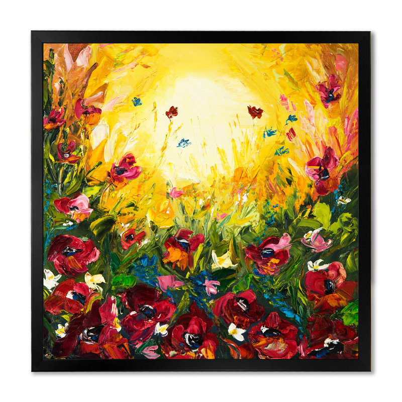Champ de fleurs et soleil - impression d'art mural traditionnel en bois, Toile avec cadre noir, H 16 po x l 16 po x P 1 po