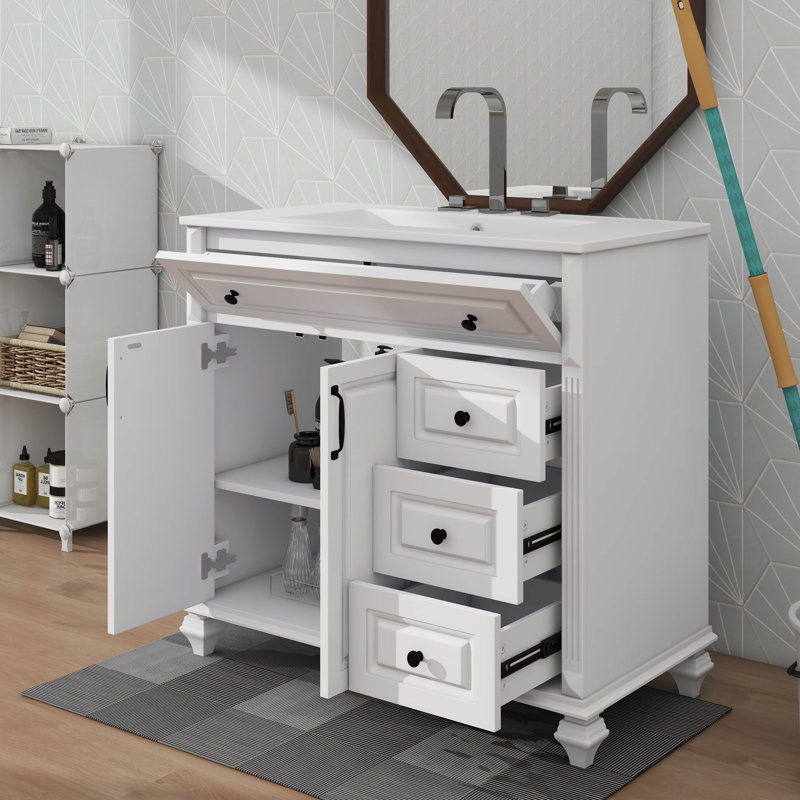 Meuble-lavabo de 36 po en bois massif avec lavabo - Comprend un tiroir rabattable, 3 tiroirs et 2 portes, Blanc/Noir