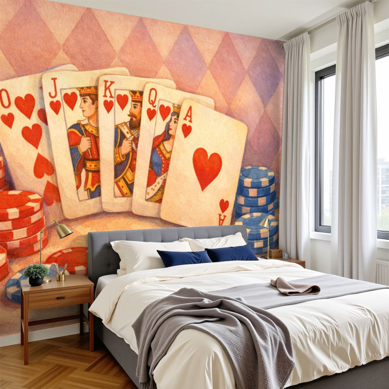 Papier peint adhésif auto-adhésif moderne pour la chambre à coucher Peel and Stick L 96 po x l 69 po - avec cartes de cœurs Royal Flush