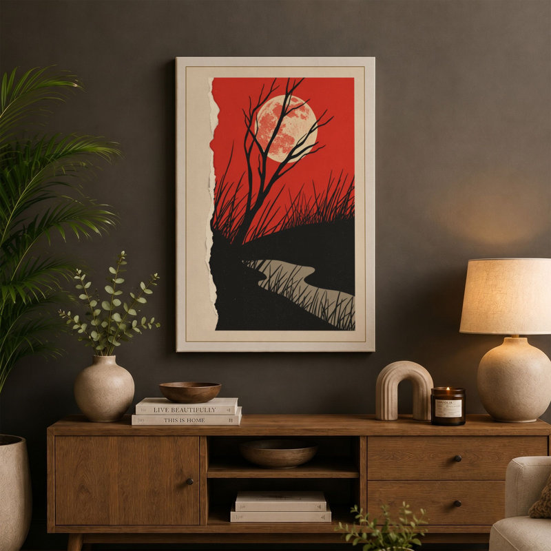 Skeletal Tree at Dusk Scandinavian - Wrapped Canvas, 30x20 - 76.2 x 50.8 cm, Teal Border