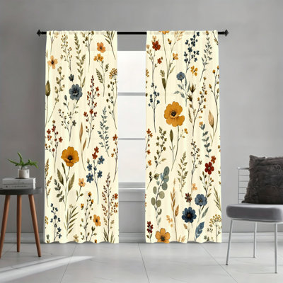 2PCS Vintage Yellow Orange Blue Botanical Floral Light Filtering Curtains, Farmhouse Spring Rod Pocket Window Drapes for Living Room and Bedroom Windows