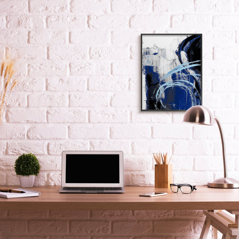 Motif abstrait chaotique de mouvements bleus indigo, Giclée encadrée noir minuit, H 30 po x l 24 po