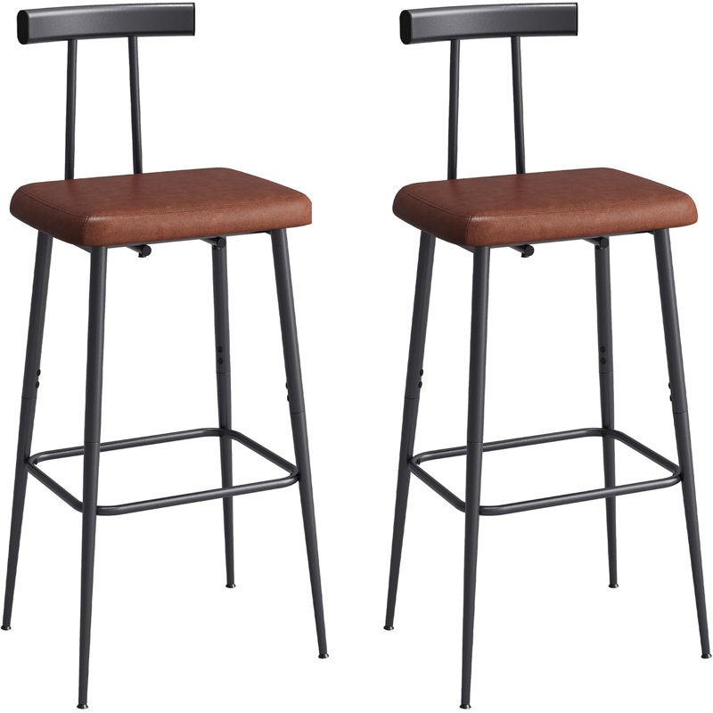 Industrial Matte Black Metal Bar Stools Set of 2 with PU Cushion